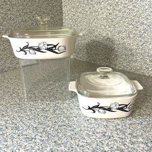 Corning Ware Vintage Lyrics Black Tulips 2pc set with Lids!